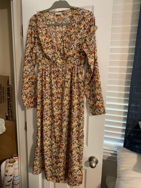 Mama Licious Pink and Orange Floral Long Sleeve Midi Dress